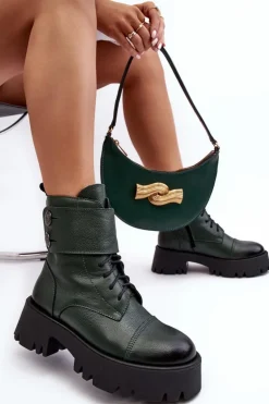 Skórzane Workery Botki Damskie Zielone Lemar Anceria