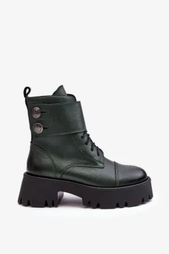 Skórzane Workery Botki Damskie Zielone Lemar Anceria