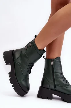Skórzane Workery Botki Damskie Zielone Lemar Anceria