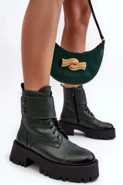 Skórzane Workery Botki Damskie Zielone Lemar Anceria
