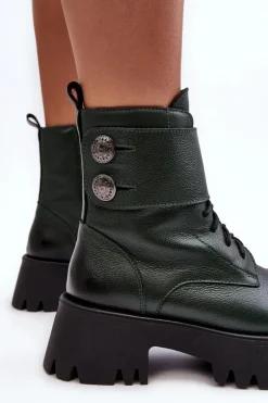 Skórzane Workery Botki Damskie Zielone Lemar Anceria