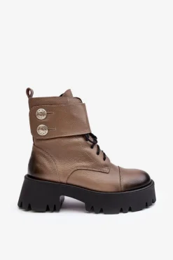 Skórzane Workery Botki Damskie Beżowe Lemar Anceria