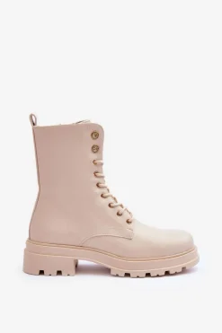 Skórzane Workery Botki Z Ozdobą Beżowe Yemannis