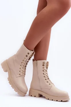 Skórzane Workery Botki Z Ozdobą Beżowe Yemannis