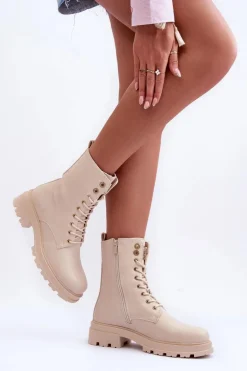 Skórzane Workery Botki Z Ozdobą Beżowe Yemannis
