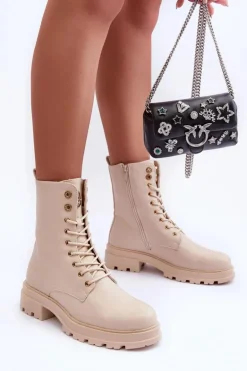 Skórzane Workery Botki Z Ozdobą Beżowe Yemannis