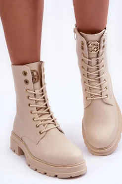 Skórzane Workery Botki Z Ozdobą Beżowe Yemannis