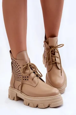 Skórzane Workery Z Ażurowym Wzorem Beżowe Abilene