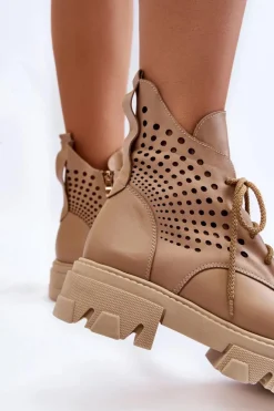 Skórzane Workery Z Ażurowym Wzorem Beżowe Abilene