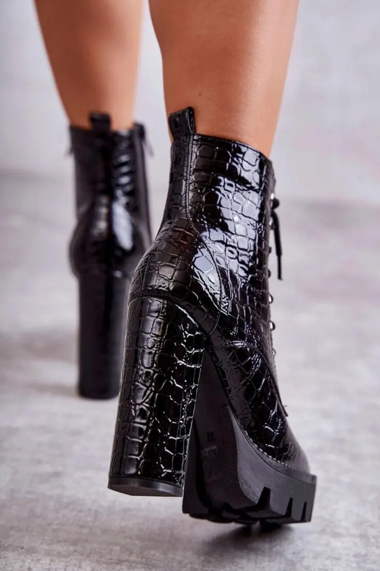 Skórzane Wężowe Botki Na Wysokim Obcasie Czarne Madly