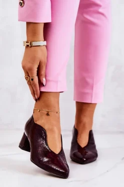 Skórzane Wężowe Czółenka Bordowe Alissa