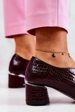 Skórzane Wężowe Czółenka Bordowe Alissa