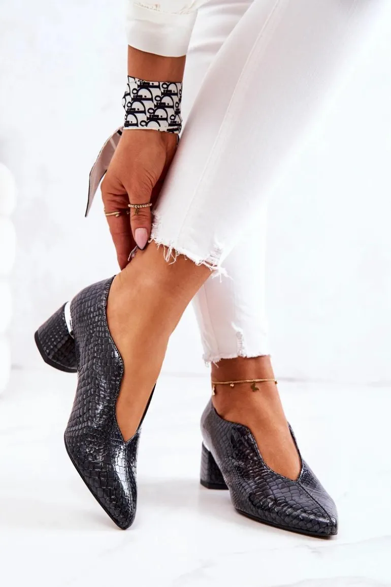 Skórzane Wężowe Czółenka Ciemnoszare Alissa