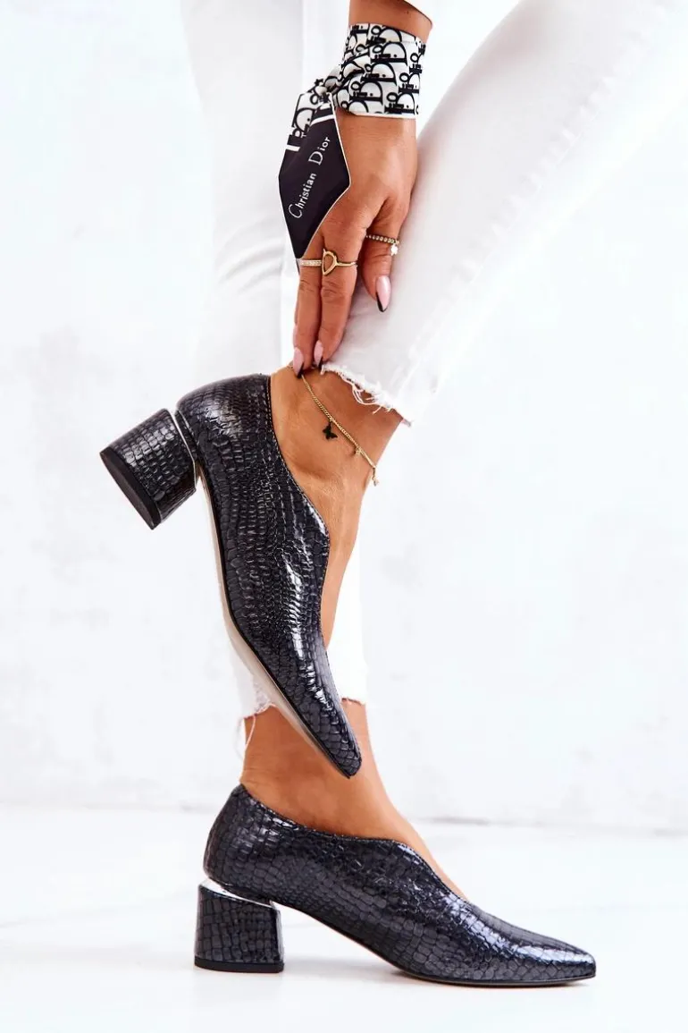 Skórzane Wężowe Czółenka Ciemnoszare Alissa