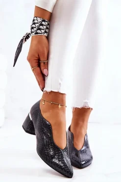 Skórzane Wężowe Czółenka Ciemnoszare Alissa