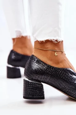 Skórzane Wężowe Czółenka Ciemnoszare Alissa