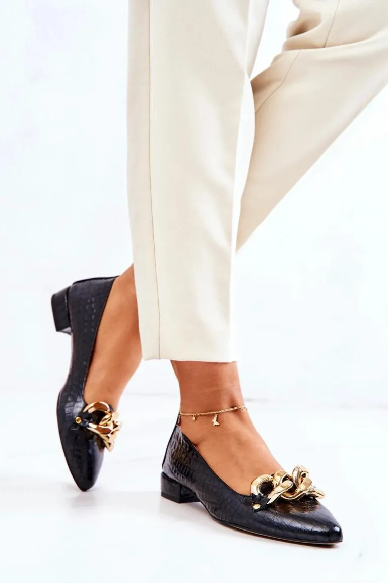 Skórzane Wężowe Czółenka Czarne Elissabeth