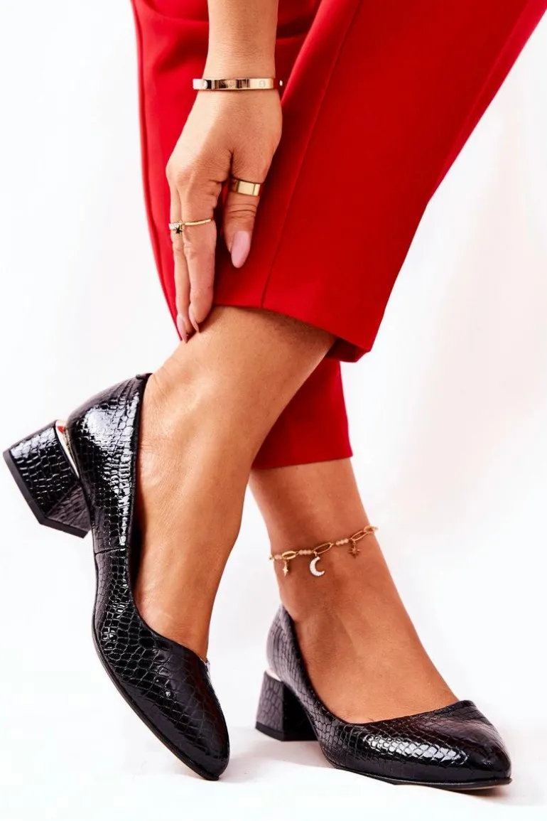 Skórzane Wężowe Czółenka Lewski 3118 Czarne