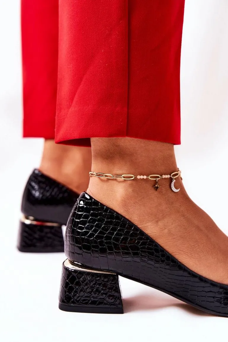 Skórzane Wężowe Czółenka Lewski 3118 Czarne