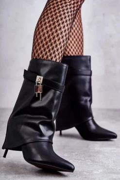 Skórzane Wsuwane Kozaki Na Szpilce Czarne Steffi