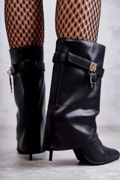 Skórzane Wsuwane Kozaki Na Szpilce Czarne Steffi