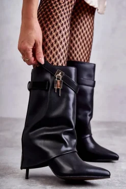 Skórzane Wsuwane Kozaki Na Szpilce Czarne Steffi