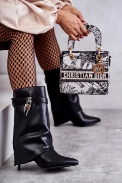 Skórzane Wsuwane Kozaki Na Szpilce Czarne Steffi