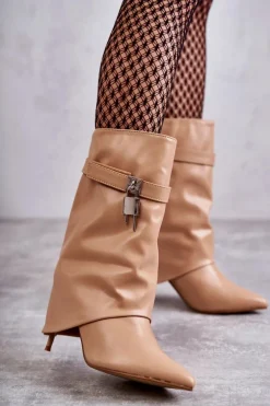 Skórzane Wsuwane Kozaki Na Szpilce Beżowe Steffi