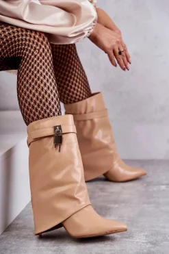 Skórzane Wsuwane Kozaki Na Szpilce Beżowe Steffi