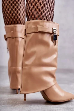 Skórzane Wsuwane Kozaki Na Szpilce Beżowe Steffi