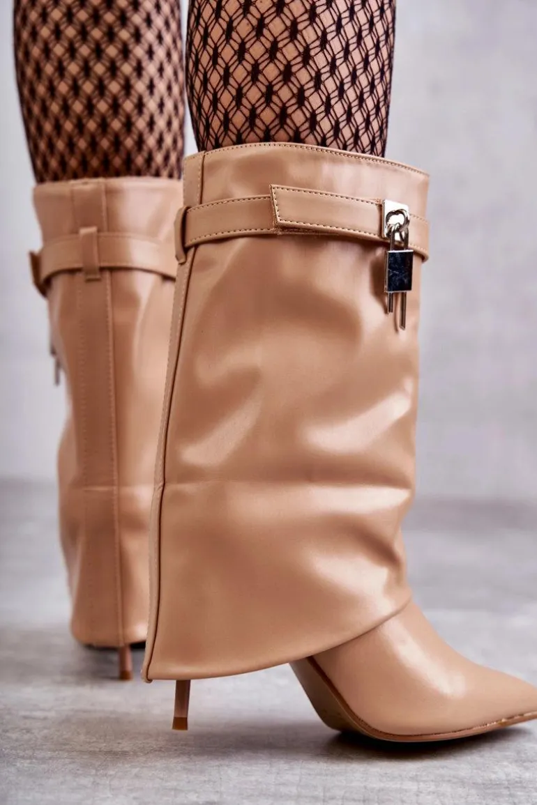 Skórzane Wsuwane Kozaki Na Szpilce Beżowe Steffi