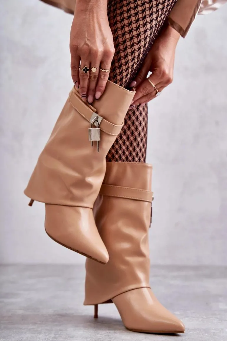 Skórzane Wsuwane Kozaki Na Szpilce Beżowe Steffi