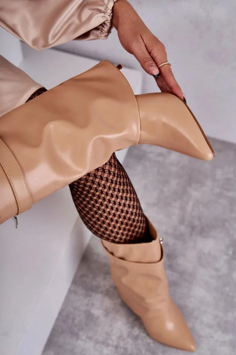 Skórzane Wsuwane Kozaki Na Szpilce Beżowe Steffi