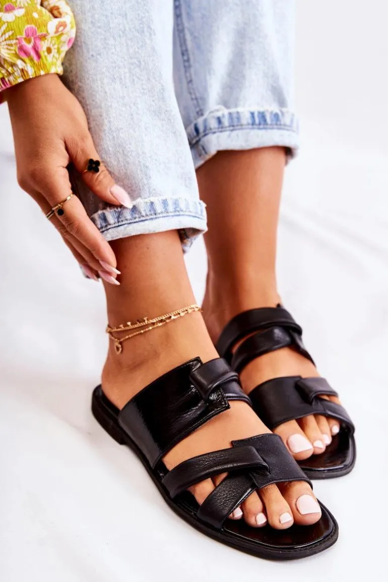 Skórzane Wygodne Klapki Damskie Maciejka 05549-01 Czarne