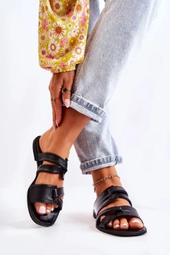 Skórzane Wygodne Klapki Damskie Maciejka 05549-01 Czarne