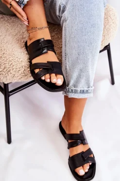 Skórzane Wygodne Klapki Damskie Maciejka 05549-01 Czarne