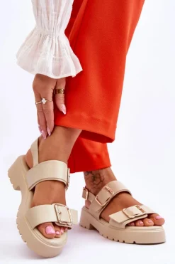 Skórzane Wygodne Sandały Beżowe Alayah