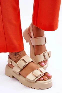 Skórzane Wygodne Sandały Beżowe Alayah