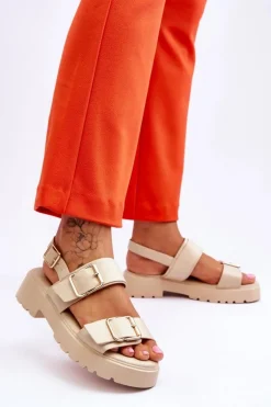 Skórzane Wygodne Sandały Beżowe Alayah