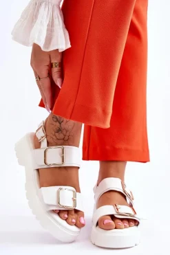 Skórzane Wygodne Sandały Białe Alayah