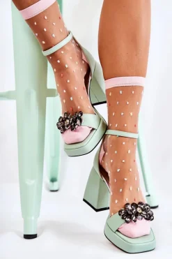 Skórzane Wygodne Sandały Z Kryształami Zielone Absence