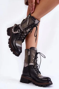 Skórzane Wysokie Botki Workery Maciejka 05586-01 Czarno-Szare