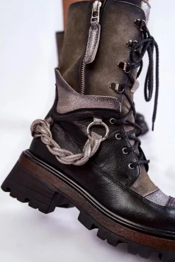 Skórzane Wysokie Botki Workery Maciejka 05586-01 Czarno-Szare