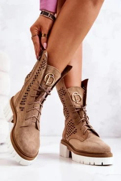 Skórzane Wysokie Botki Workery Nicole Jasnobrązowe 2706
