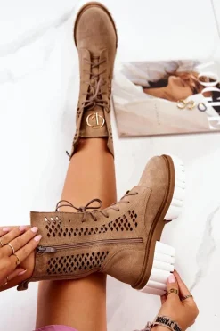 Skórzane Wysokie Botki Workery Nicole Jasnobrązowe 2706