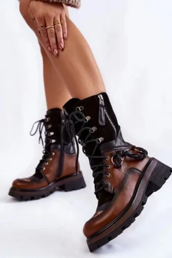 Skórzane Wysokie Botki Workery Maciejka 05586-29 Brązowo-Czarne