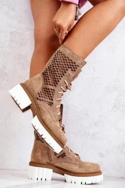 Skórzane Wysokie Botki Workery Nicole Camel 2706