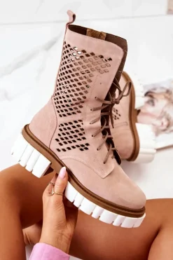 Skórzane Wysokie Botki Workery Nicole Różowe 2706