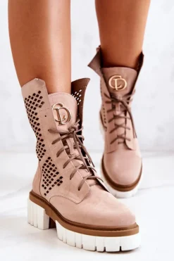 Skórzane Wysokie Botki Workery Nicole Różowe 2706