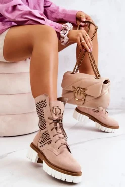 Skórzane Wysokie Botki Workery Nicole Różowe 2706